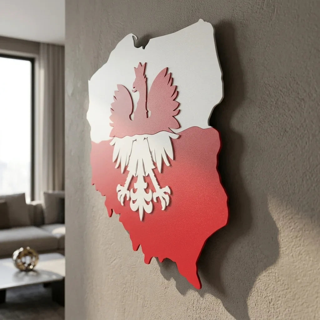 Patriotyczna dekoracja 3D: Orzeł w Koronie na tle mapy Polski ze stali. - Widok z perspektywy podkreślający efekt przestrzenny 3D.