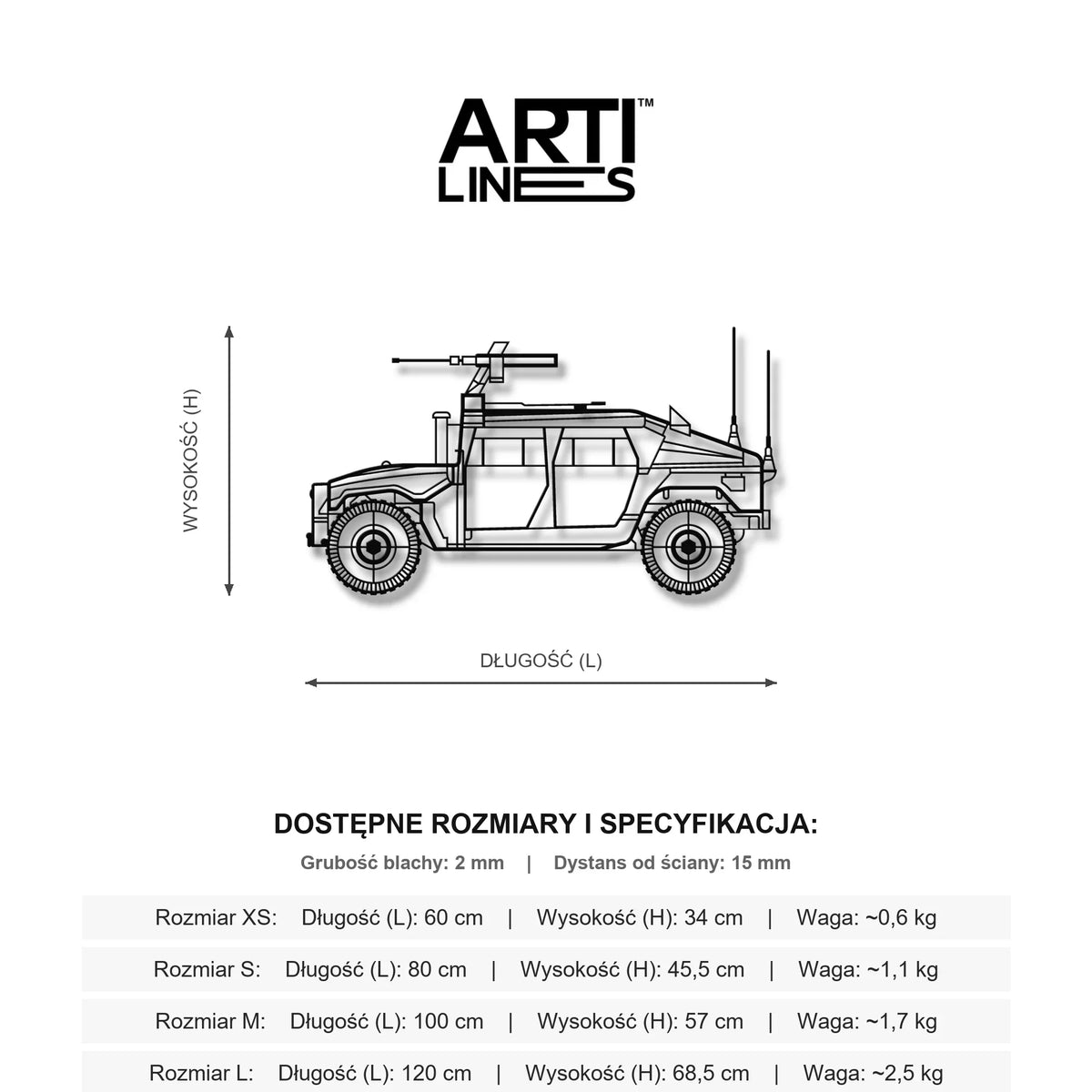 Wymiary: HMMWV „Humvee” – Legendarny wojskowy pojazd terenowy US Army, metalowy model ścienny