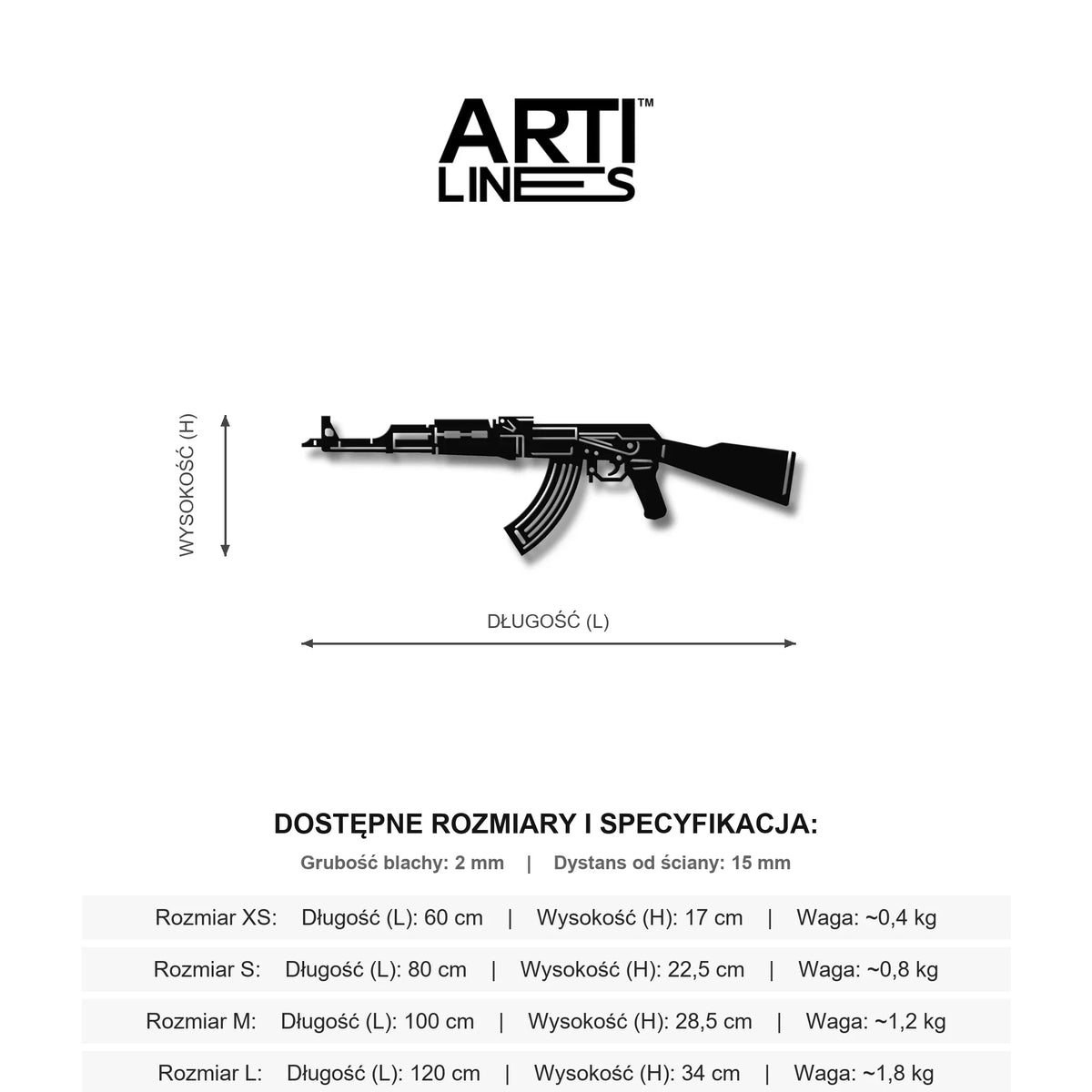 Wymiary: Karabinek AK-47 Kalasznikow – Najsłynniejsza broń strzelecka świata, stalowa dekoracja ścienna
