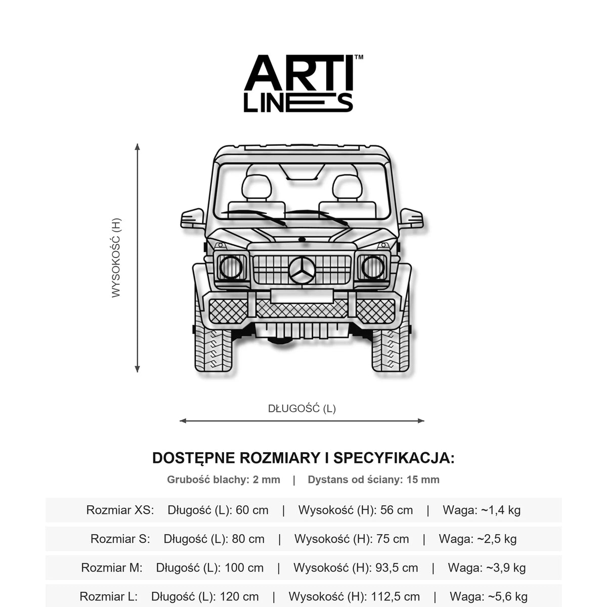 Wymiary: Mercedes-Benz G-Klasa (Geländewagen) – Niezniszczalna ikona off-roadu, stalowy model na ścianę