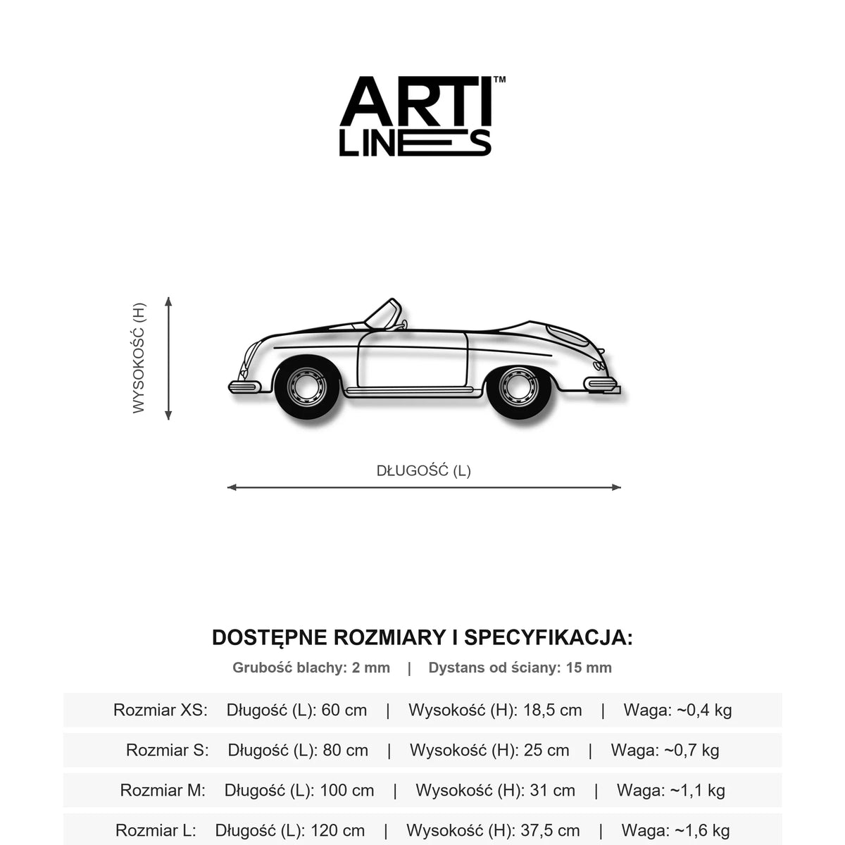 Wymiary: Porsche 356 Speedster – Narodziny legendy z Zuffenhausen, stylowa metalowa sylwetka ścienna