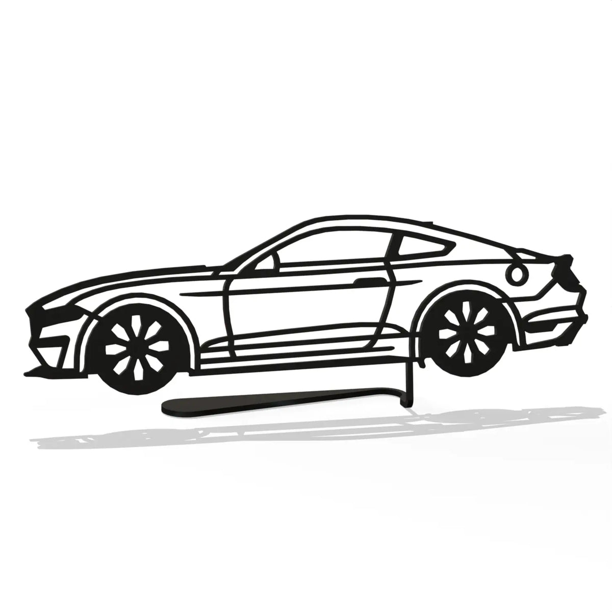 Stojący model Ford Mustang GT S550 z czarnej stali. Ekskluzywna dekoracja na biurko dla fana motoryzacji i idealny prezent od ArtiLines.