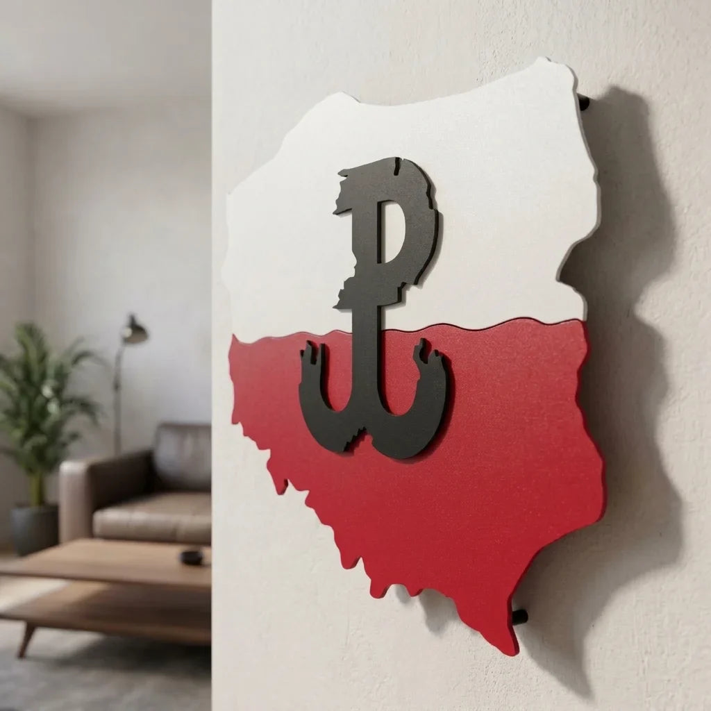 Metalowa mapa Polski z czarną kotwicą PW. Patriotyczna ozdoba ścienna 3D. - Widok z perspektywy podkreślający efekt przestrzenny 3D.