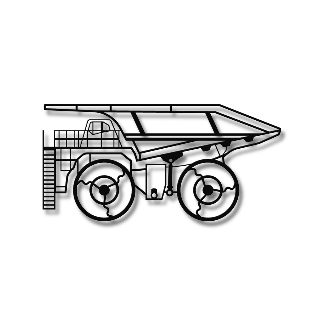Czarna metalowa sylwetka Caterpillar 797 jako ozdoba na ścianę w loftowym stylu.