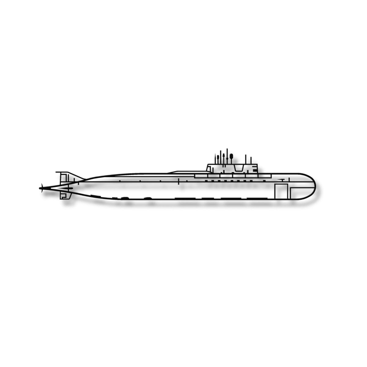 Czarna metalowa sylwetka okrętu podwodnego K-141 Kursk jako ozdoba na ścianę.