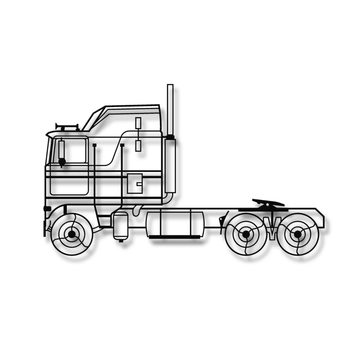 Czarna metalowa dekoracja ścienna 3D Kenworth K100 Cabover w stylu loftowym.
