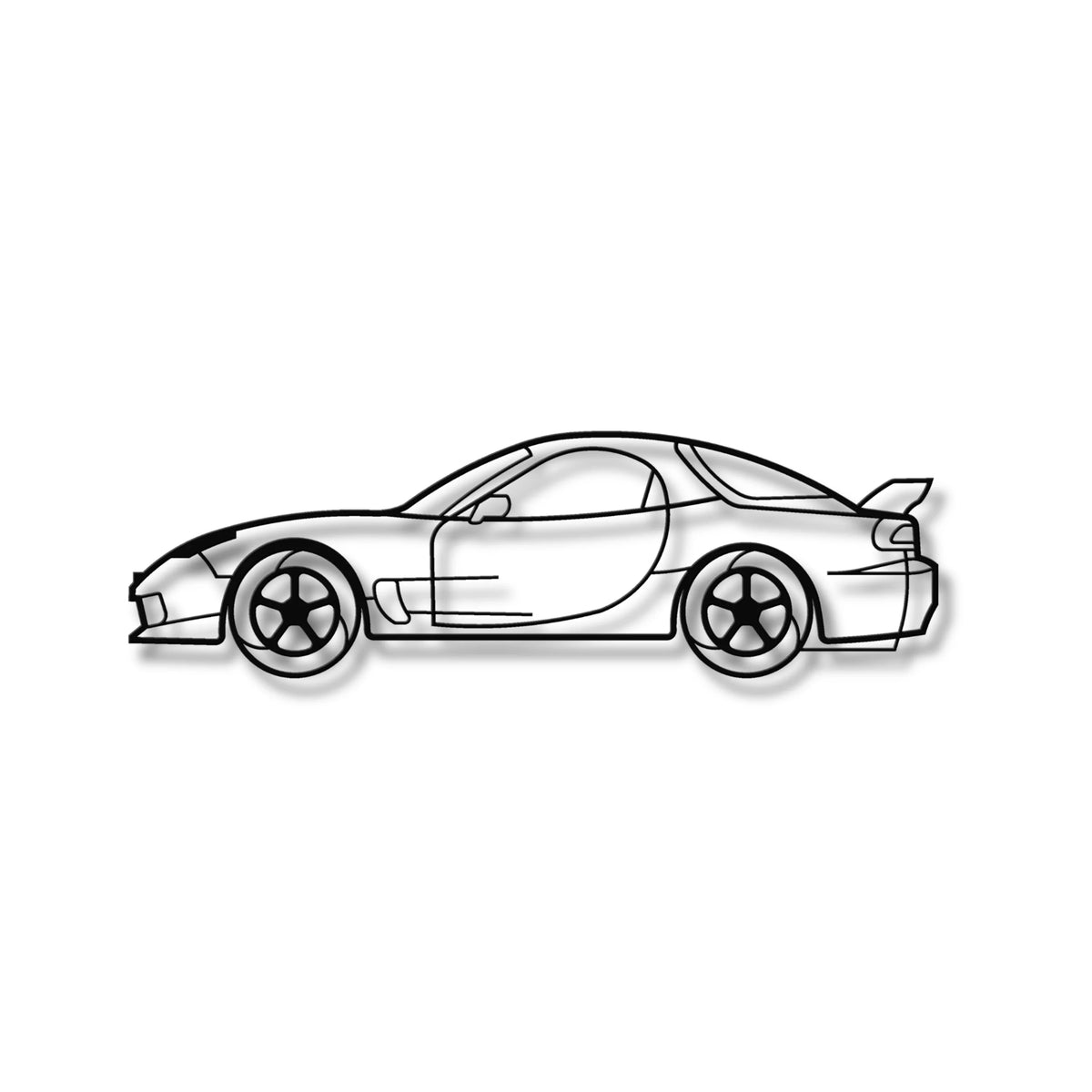 Metalowa sylwetka Mazdy RX-7 (FD) – ozdoba na ścianę dla pasjonatów driftu.