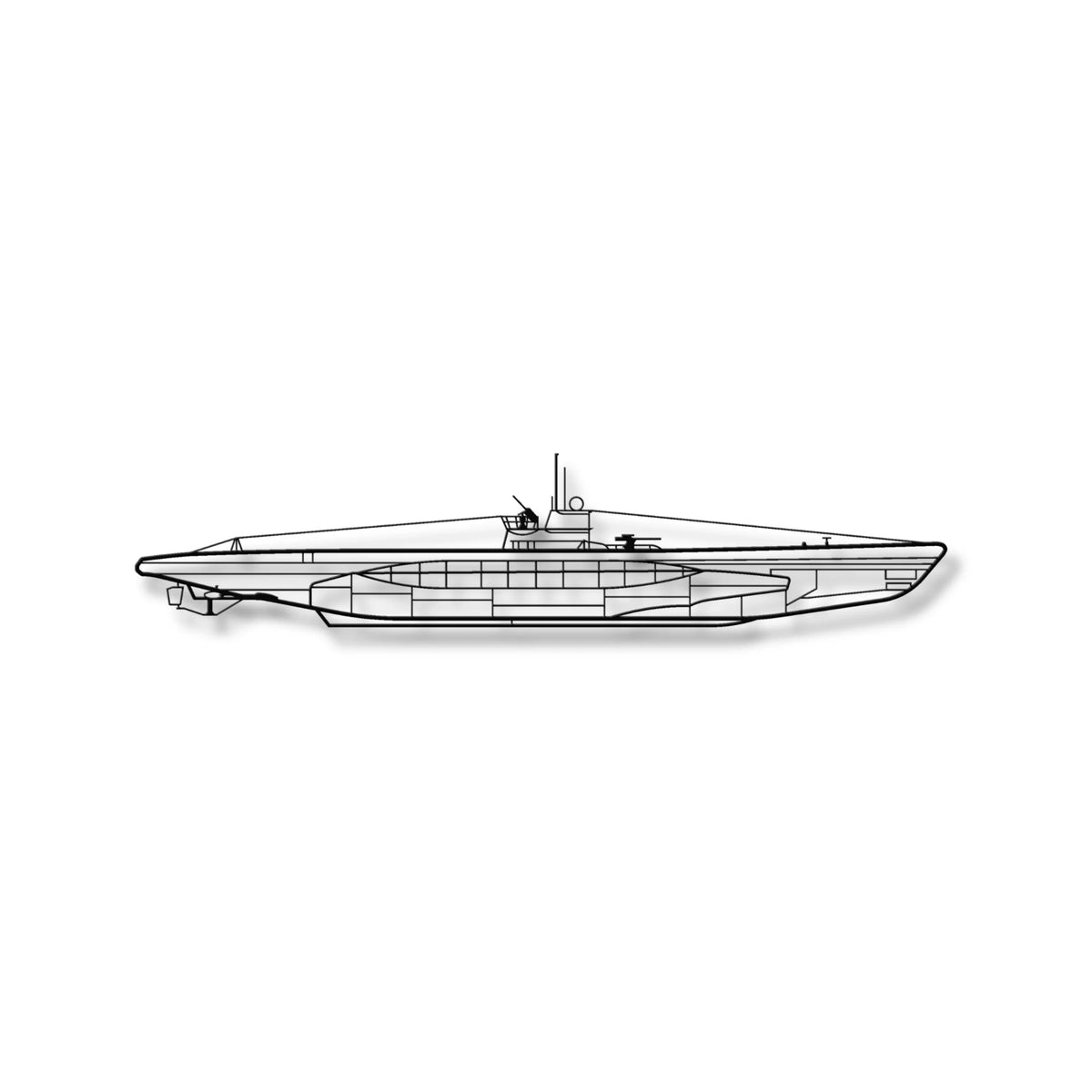 Metalowa sylwetka U-Boota Typ VII C/4 jako luksusowa ozdoba na ścianę.