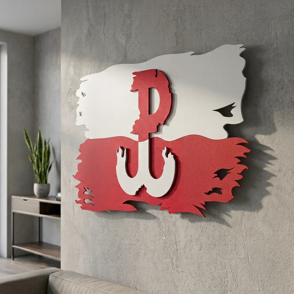 Biało-czerwony znak Polska Walcząca na fladze ze stali 2mm, efekt 3D na ścianę. - Widok z perspektywy podkreślający efekt przestrzenny 3D.
