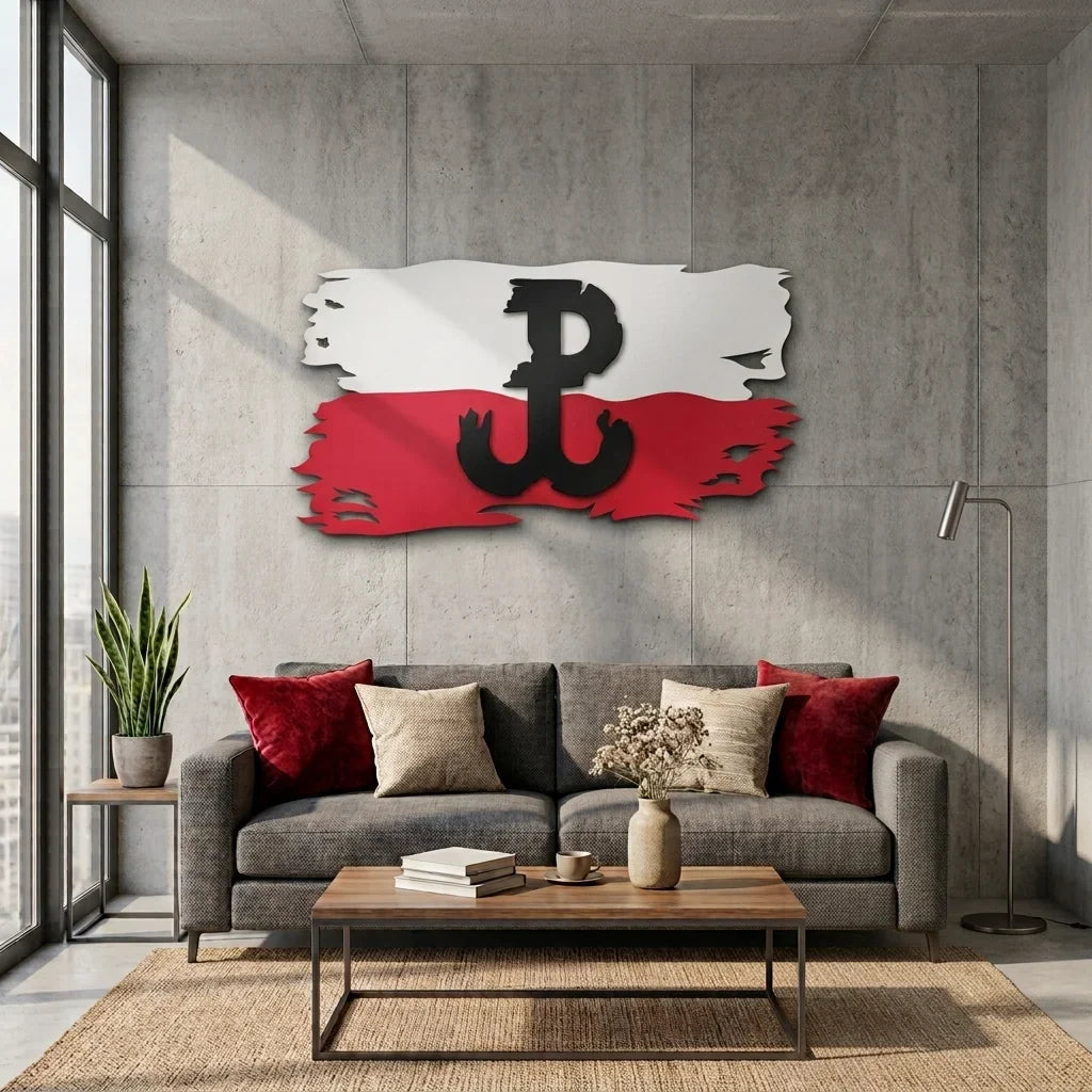 Znak Polska Walcząca ze stali 2mm na ścianę. Czarna kotwica na tle flagi, efekt 3D. - Ujęcie główne w nowoczesnym salonie.