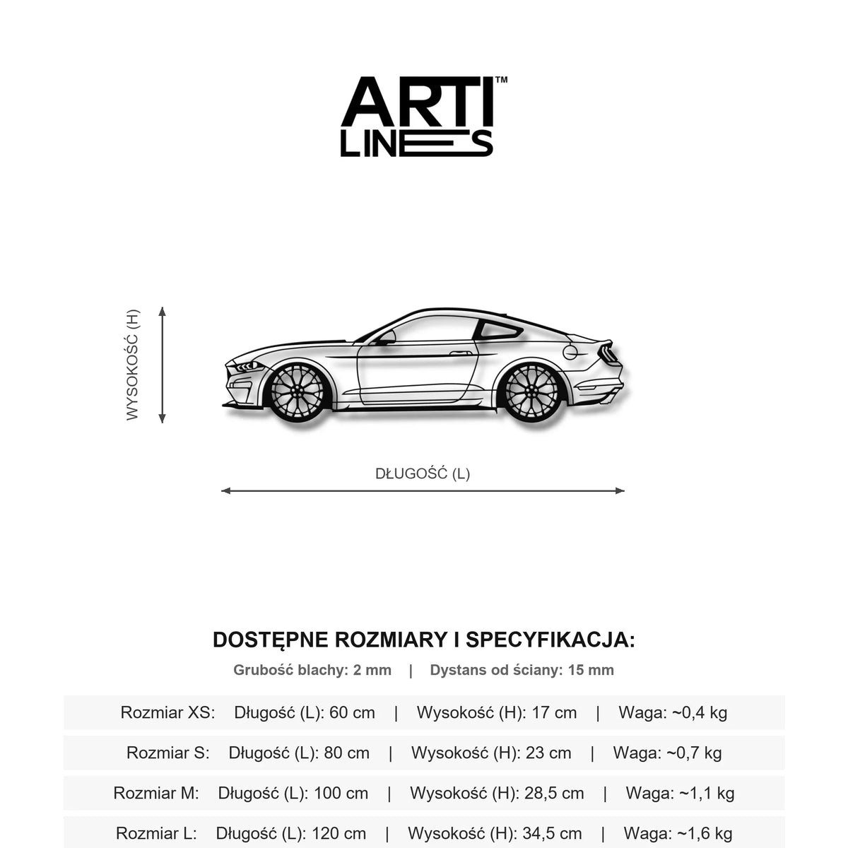 Wymiary: Ford Mustang GT S550 – Nowoczesna moc amerykańskiego muscle cara, stalowy model na ścianę